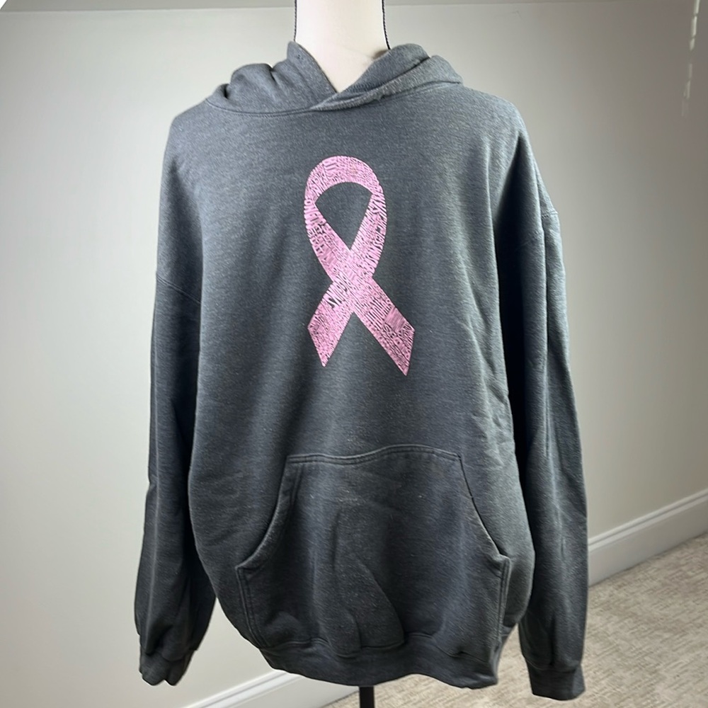 Tultex Breast Cancer Awareness Pink Ribbon Hoodie Gray Unisex XL